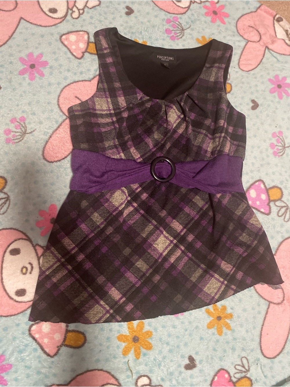 Perceptions Purple Plaid Sleeveless Peplum Tank with Purple Belt Ring